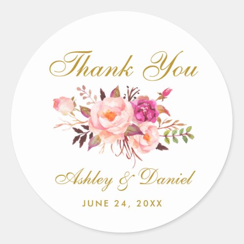 Pink Blush Gold Floral Wedding Thank You Classic Round Sticker
