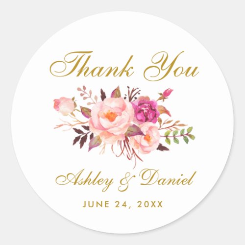Pink Blush Gold Floral Wedding Thank You L Classic Round Sticker
