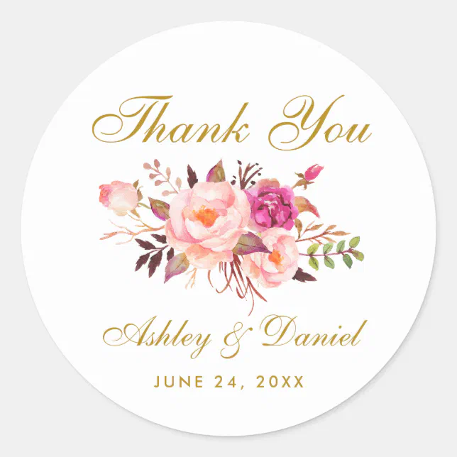 Pink Blush Gold Floral Wedding Thank You L Classic Round Sticker | Zazzle