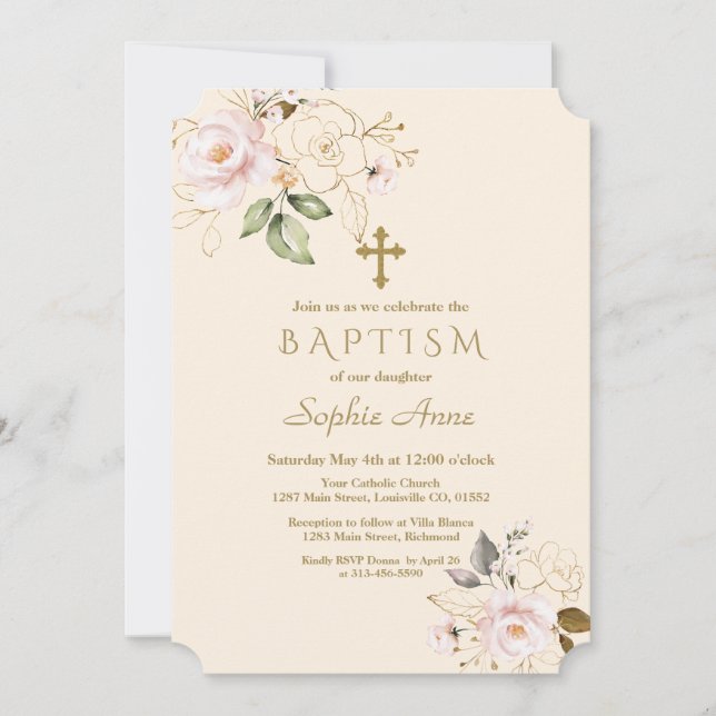 Pink Blush Gold Flowers Cross Champagne Baptism Invitation (Front)