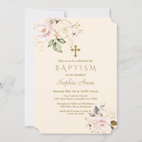 Pink Blush Gold Flowers Cross Champagne Baptism Invitation