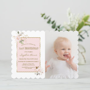 Pink Blush Gold Flowers Photo Girl 1st Birthday In Invitation