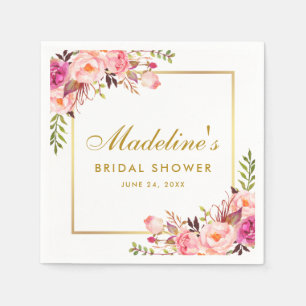 Pink Blush Gold Frame Floral Bridal Shower Napkins
