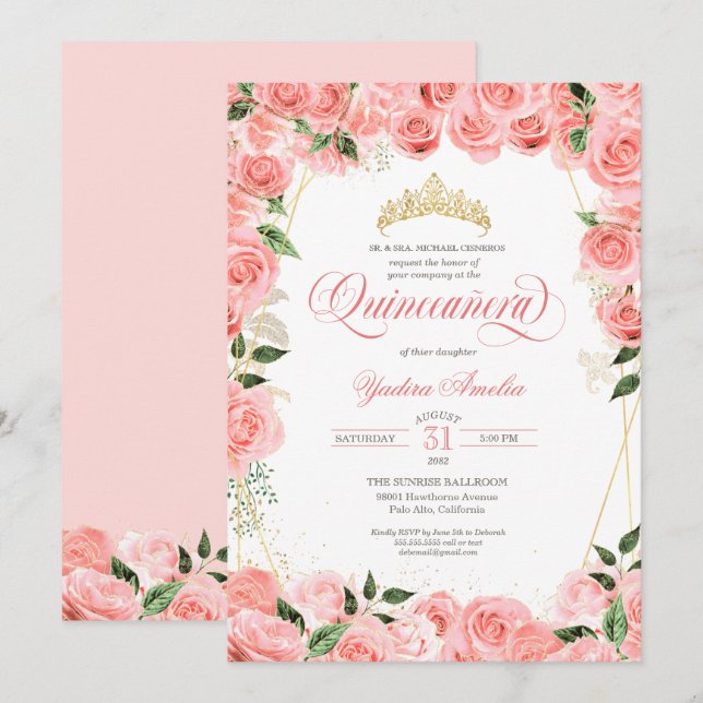 Pink Blush & Gold Glam Roses Elegant Quinceanera Invitation (Front/Back)