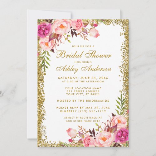 Pink Blush Gold Glitter Floral Bridal Shower Invitation