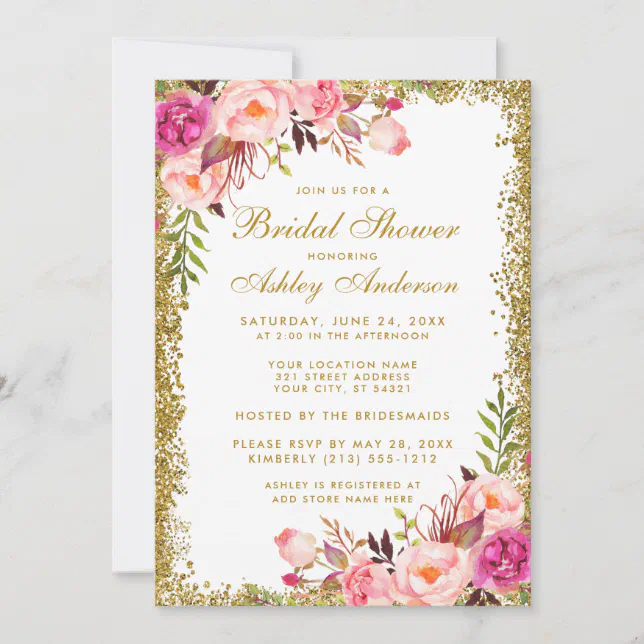 Pink Blush Gold Glitter Floral Bridal Shower Invitation Zazzle 6900