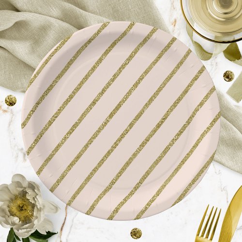 Pink Blush Gold Glitter Stripe Pattern  Paper Plates