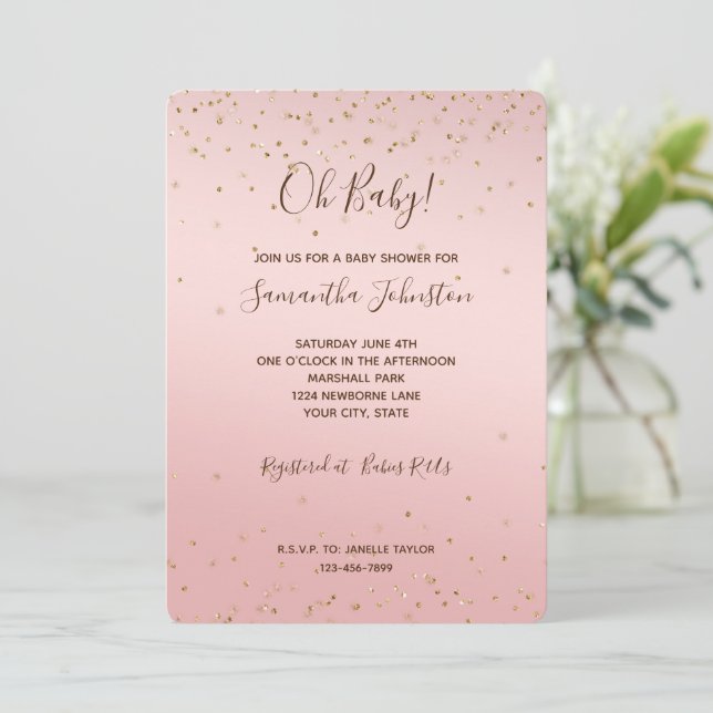 Pink Blush Gold Glitz Confetti Sparkle Baby Shower Invitation (Standing Front)