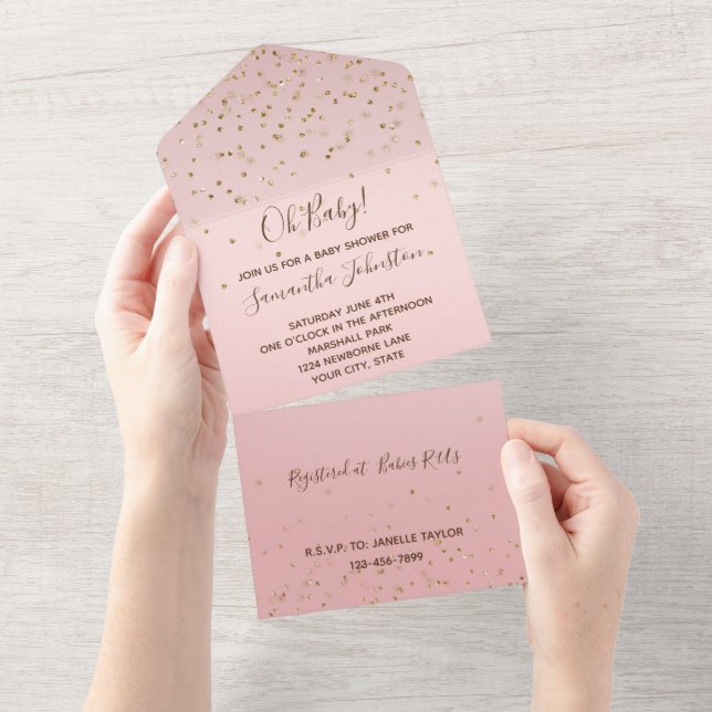 Pink Blush Gold Glitzy Confetti Wedding All In One Invitation (Tearaway)