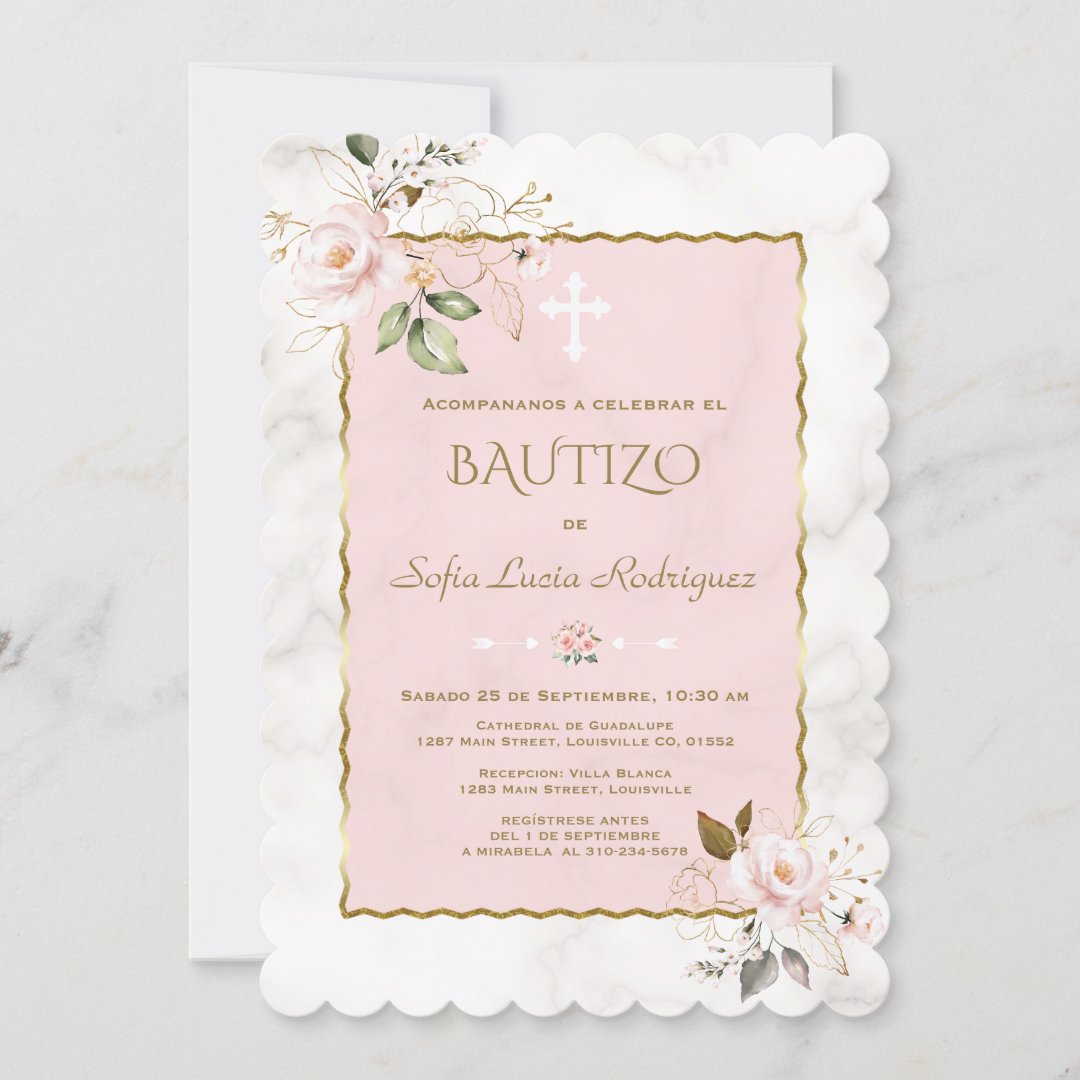 Pink Blush Gold Invitacion De Bautizo Con Flores Invitation | Zazzle