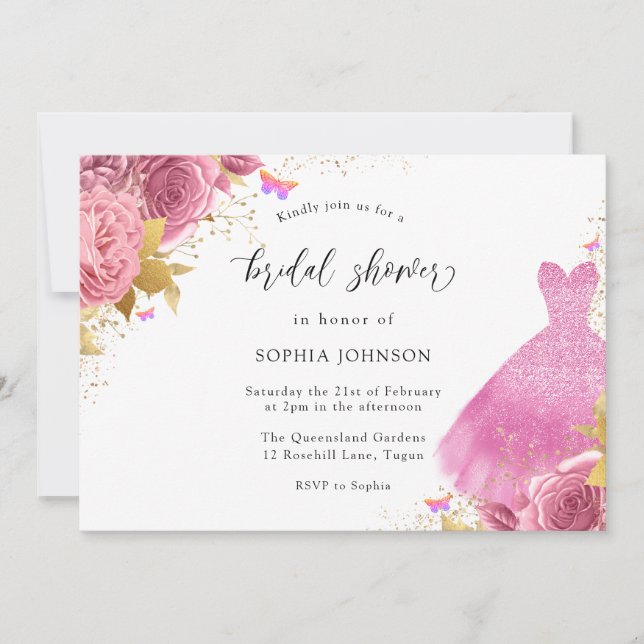 Pink Blush Gold Sparkle Dress Floral Bridal Shower Invitation (Front)