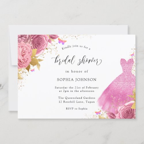 Pink Blush Gold Sparkle Dress Floral Bridal Shower Invitation