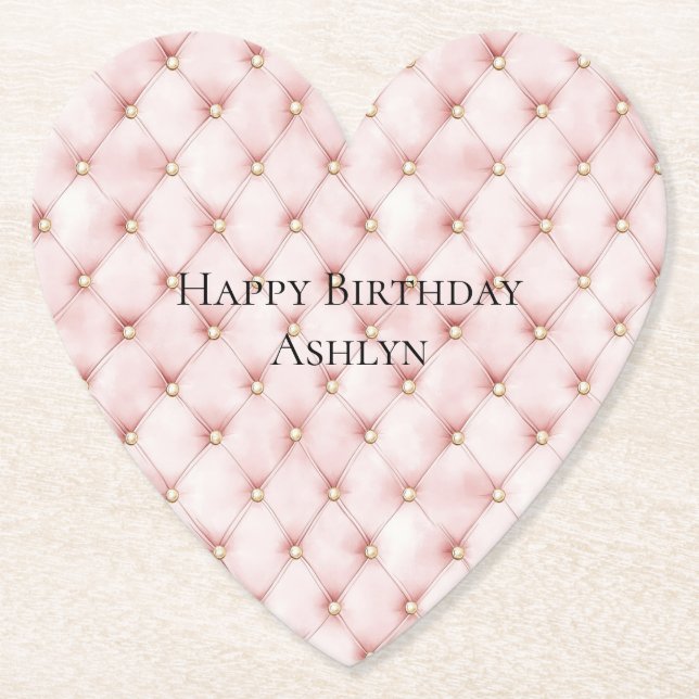 Pink Blush Gold Tufts Birthday Paper Coaster (Front)