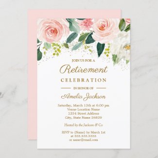 Pink Blush Gold Watercolor Floral Retirement Party Invitation