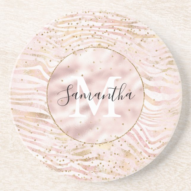 Pink Blush Gold Zebra Print Glitz     Coaster (Front)