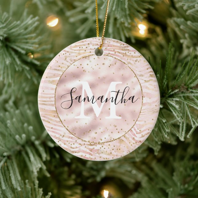 Pink Blush Gold Zebra Print Glitz Monogram Ceramic Ornament (Tree)