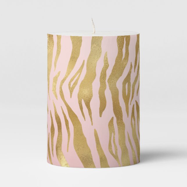 Pink Blush Gold Zebra Print         Pillar Candle (Front)
