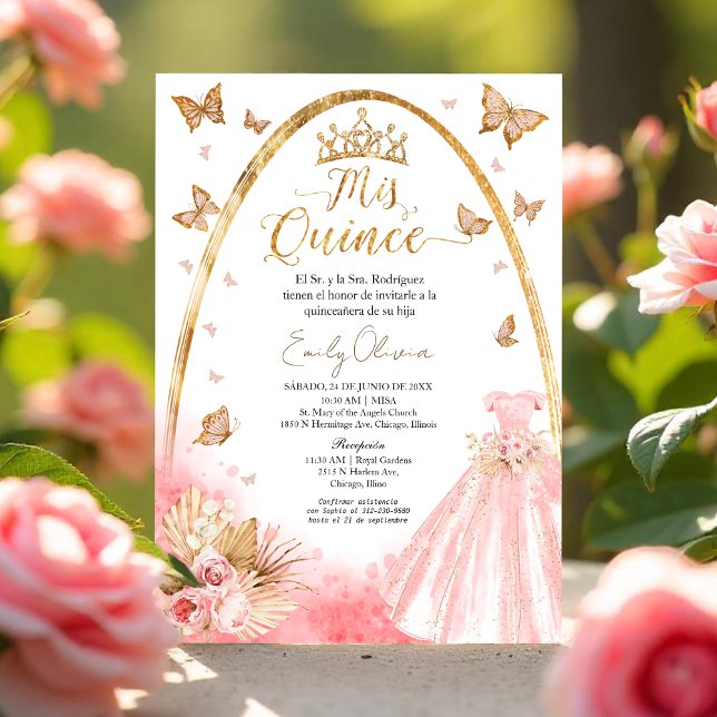 Pink Blush Gown Quinceanera Spanish Invitation (Creator Uploaded)