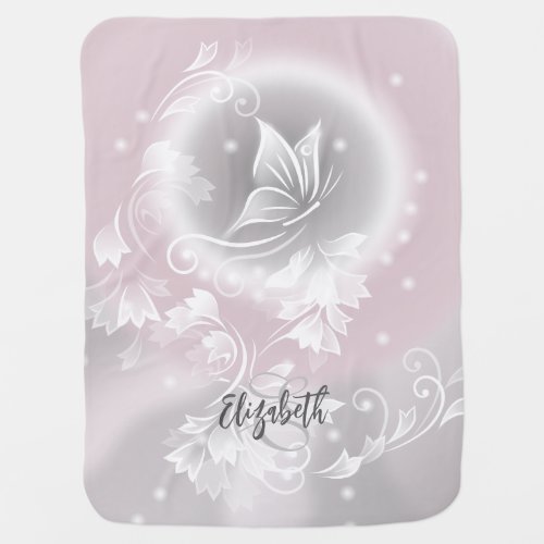 Pink Blush Gray White Floral Fantasy Monogram Baby Blanket