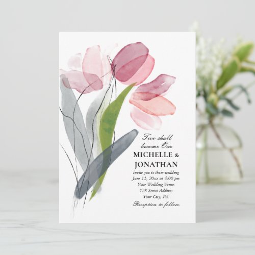 Pink Blush Grey Tulips Modern Christian Wedding Invitation