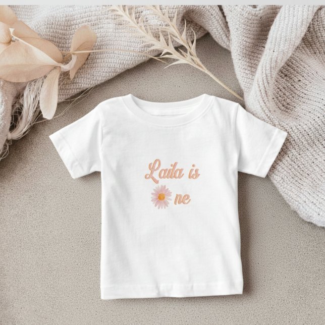 Pink Blush Groovy Daisy Birthday Personalized Baby T-Shirt (Creator Uploaded)