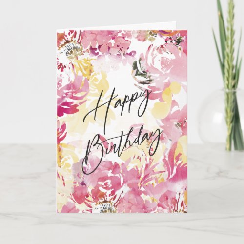 Pink Blush Happy Birthday Watercolor Floral Design Card