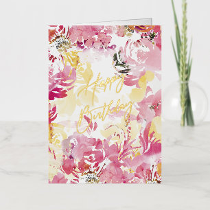 Pink Blush Happy Birthday Watercolor Floral Design Foil Greeting Card