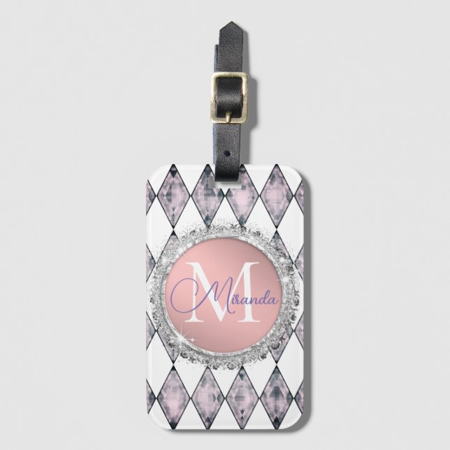 Pink Blush Harlequin Glitter Monogram Personalized Luggage Tag (Front Vertical)