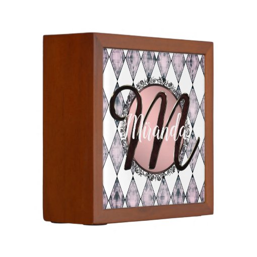 Pink Blush Harlequin Monogram Desk Organizer Zazzle