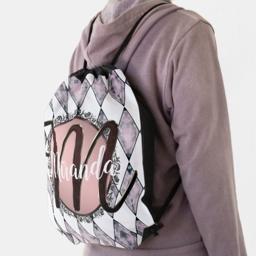 Pink Blush Harlequin Monogram Drawstring Bag