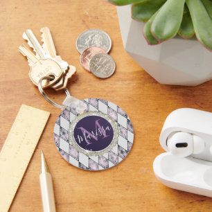 Pink Blush Harlequin Monogram Keychain
