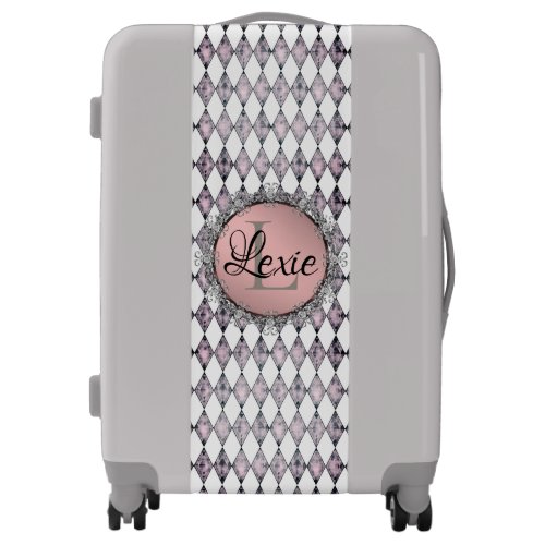 Pink Blush Harlequin Monogram Luggage Personalized
