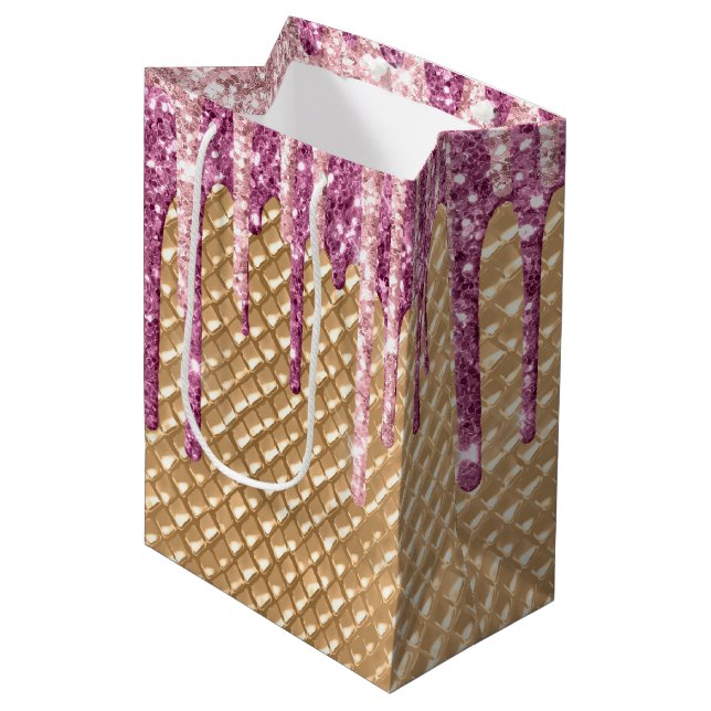 Pink Blush Ice Cream Cone Glitter Drips  Medium Gift Bag (Front Angled)