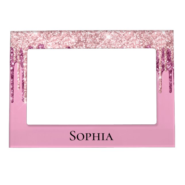 Pink Blush Ice Cream Glitter Drips Personalized Magnetic Frame (Front)