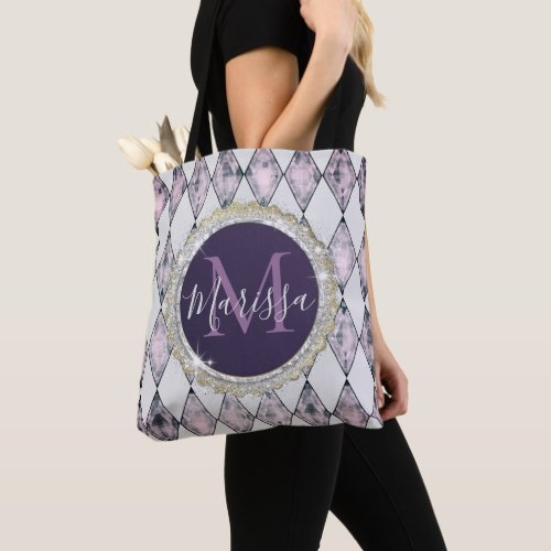 Pink Blush Lavender Harlequin Monogram Glitter Tote Bag