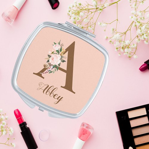 Pink Blush Letter A Personalized Gift Compact Mirror