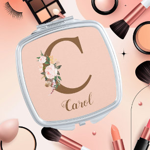 Pink Blush Letter C Personalized Gift Compact Mirror