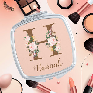 Pink Blush Letter H Personalized Gift Compact Mirror