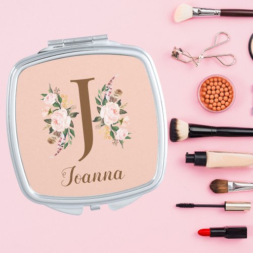 Pink Blush Letter J Personalized Gift Compact Mirror