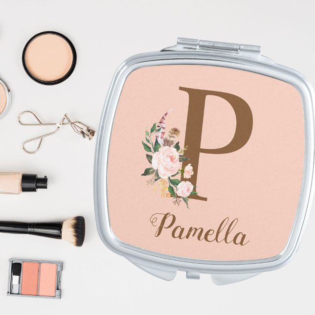 Pink Blush Letter P Personalized Gift Compact Mirror (Creator Uploaded)
