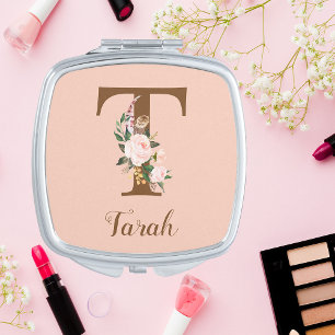 Pink Blush Letter T Personalized Gift Compact Mirror