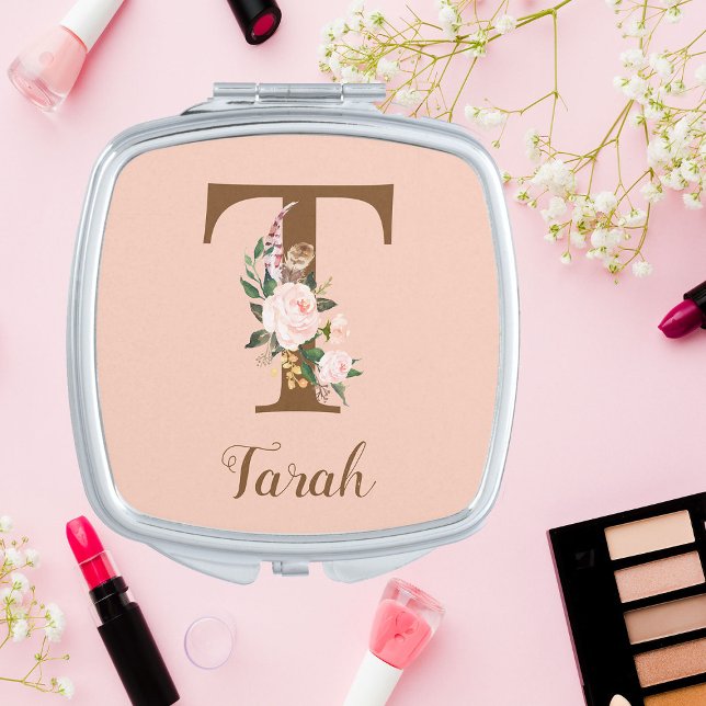 Pink Blush Letter T Personalized Gift Compact Mirror (Creator Uploaded)