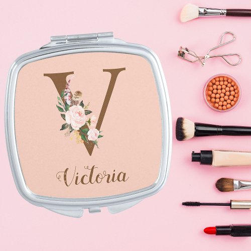 Pink Blush Letter V Personalized Gift Compact Mirror