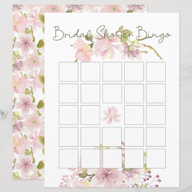 Pink Blush Magnolia Floral Bridal Shower Bingo (Front/Back)