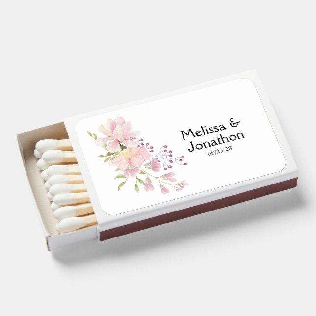 Pink Blush Magnolia Floral Wedding Matchboxes (Front Open)