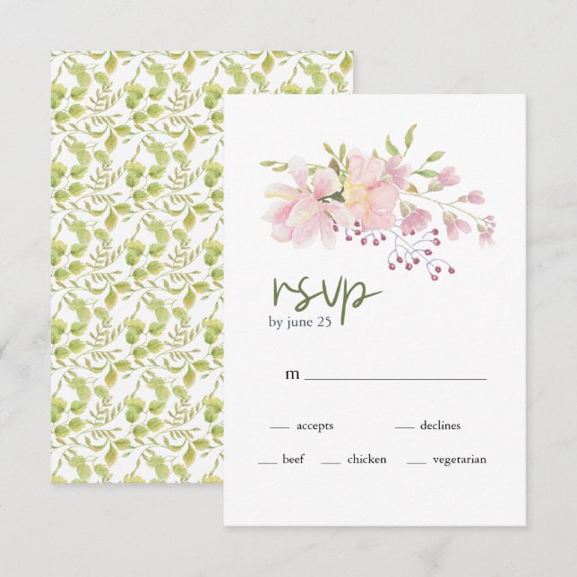 Pink Blush Magnolia Floral Wedding RSVP Card (Front/Back)