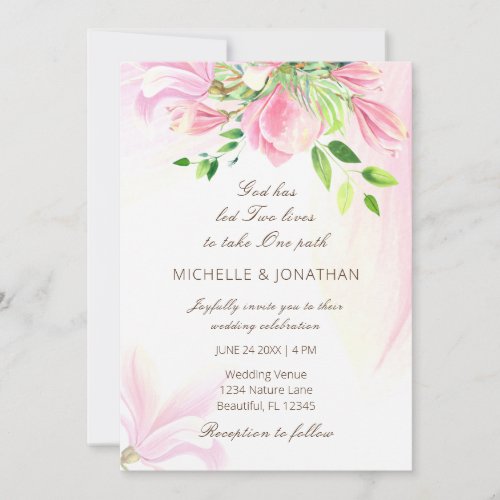 Pink Blush Magnolias Floral Christian Wedding  Invitation