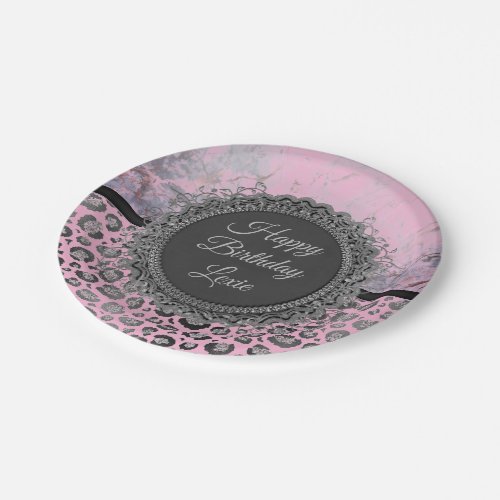 Pink Blush Marble Glittery Leopard Birthday Paper Plates