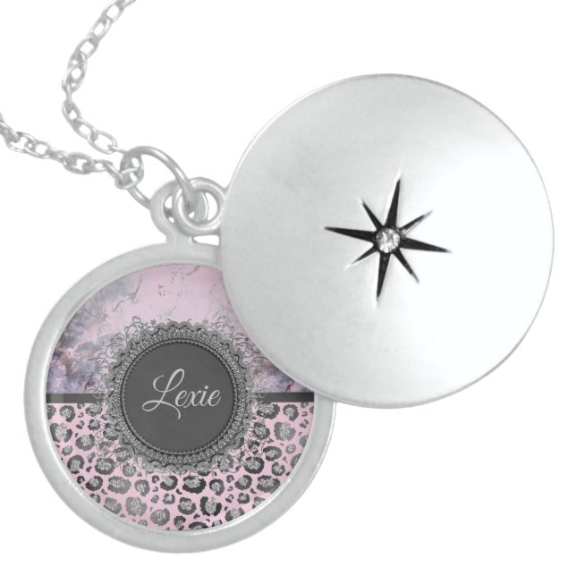 Pink Blush Marble Glittery Leopard    Locket Necklace (Front)