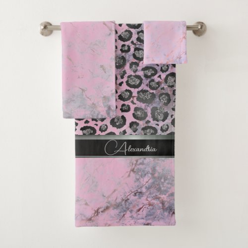 Pink Blush Marble Glittery Leopard Personalized Bath Towel Set